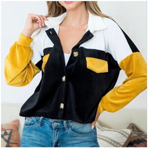 Color Block Velvet Button Down Top Large Black Ivory Mustard Stretch